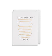 Card reads 'I love you this...much' with a gold line winding back and forth between 'this' and 'much'. Tucked into the card is a white envelope.